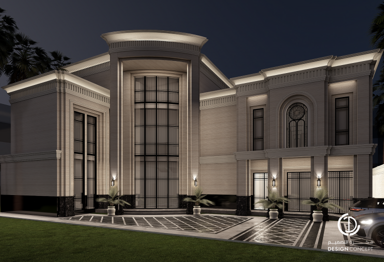 فيلا خاصة - تصميم الواجهة الخارجية - لقطة مسائية - شركة فكرة التصميم