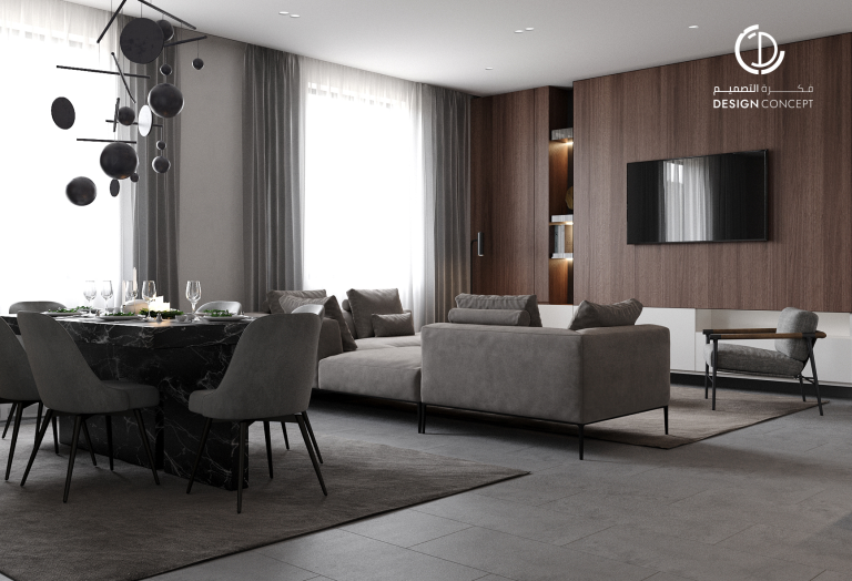منطقة الصالة وطاولة الطعام | مساكن أروقة | مكتب فكرة التصميم